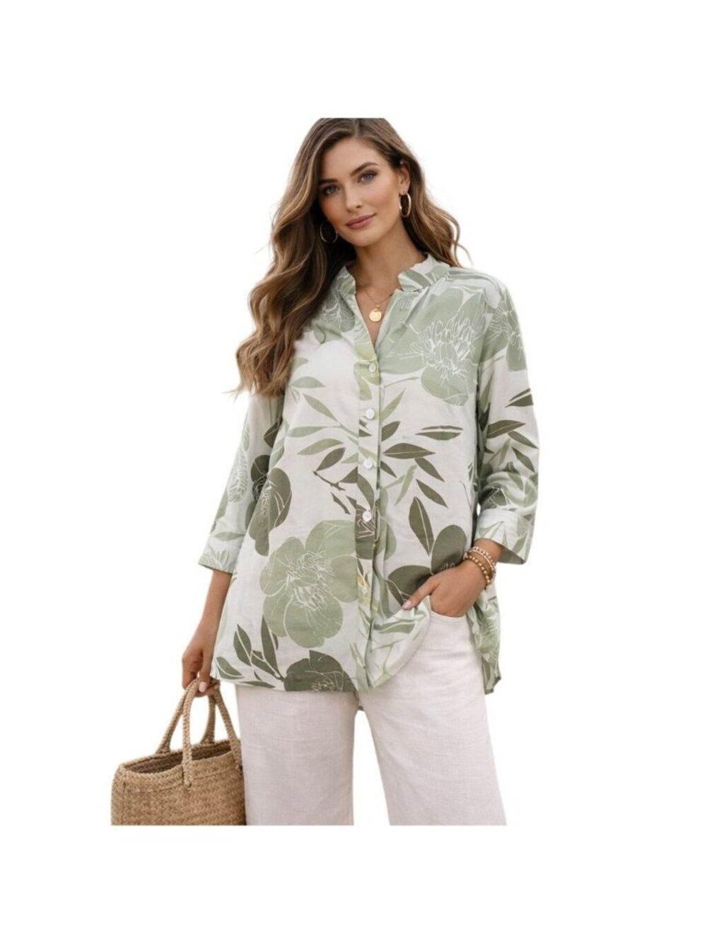 Vtg Linda Allard Ellen Tracy Tunic Blouse Silk Linen Floral Coastal Green Size 6